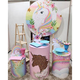 Aperturee Pink Floral And Unicorn Round Girls Birthday Backdrop Kit